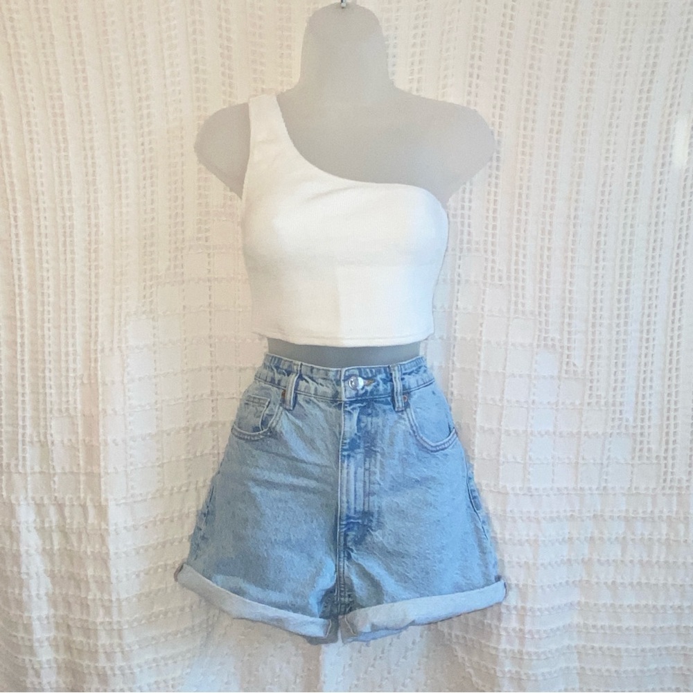 White Ribbed One Shoulder Crop Top